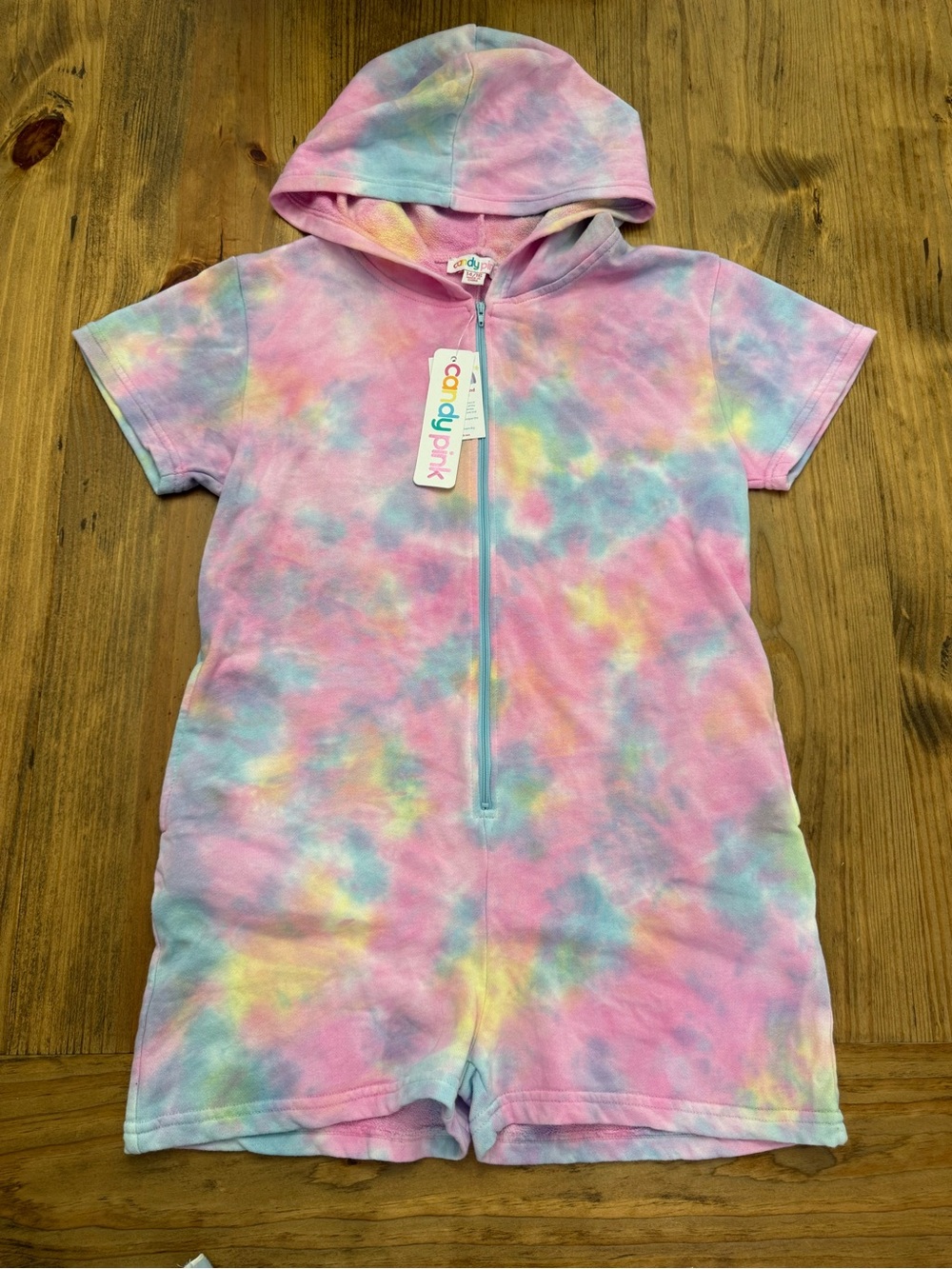 NWT Candy Pink Girls Pastel Tie Dy Hooded Terry Romper